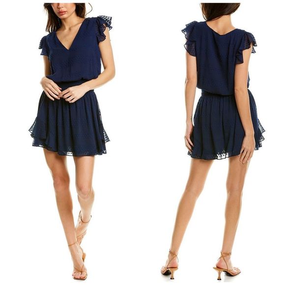 NWT Ramy Brook Simona navy blue ruffle smocked dress sheath women’s small - Picture 1 of 11
